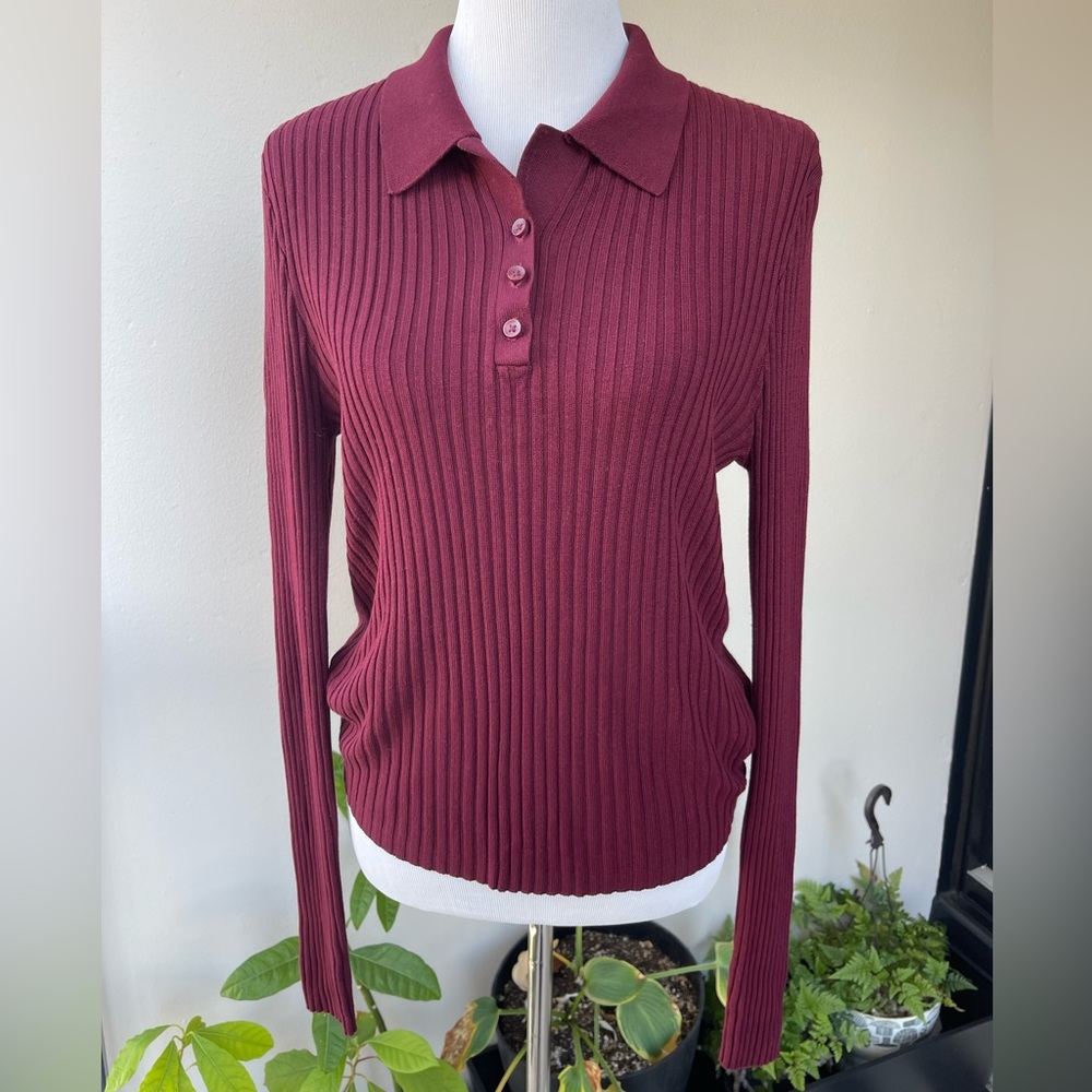Zara Women's Burgundy/ Dark Red  Ribbed Polo Top, US XL